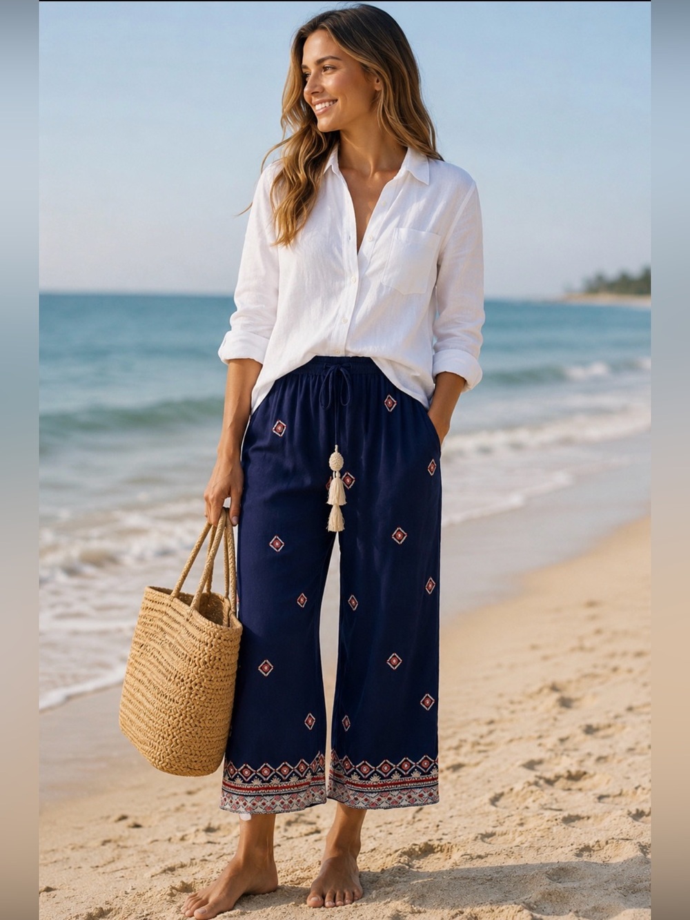 Sundance Navy Embroidered Beach Coastal Bohemian Wide Leg Large Crop Pants